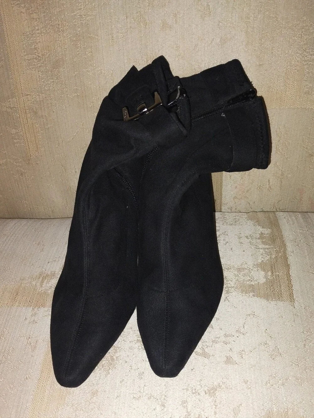 BCBGirls Black Suede Pointed Toe Ankle Boots with Buckle